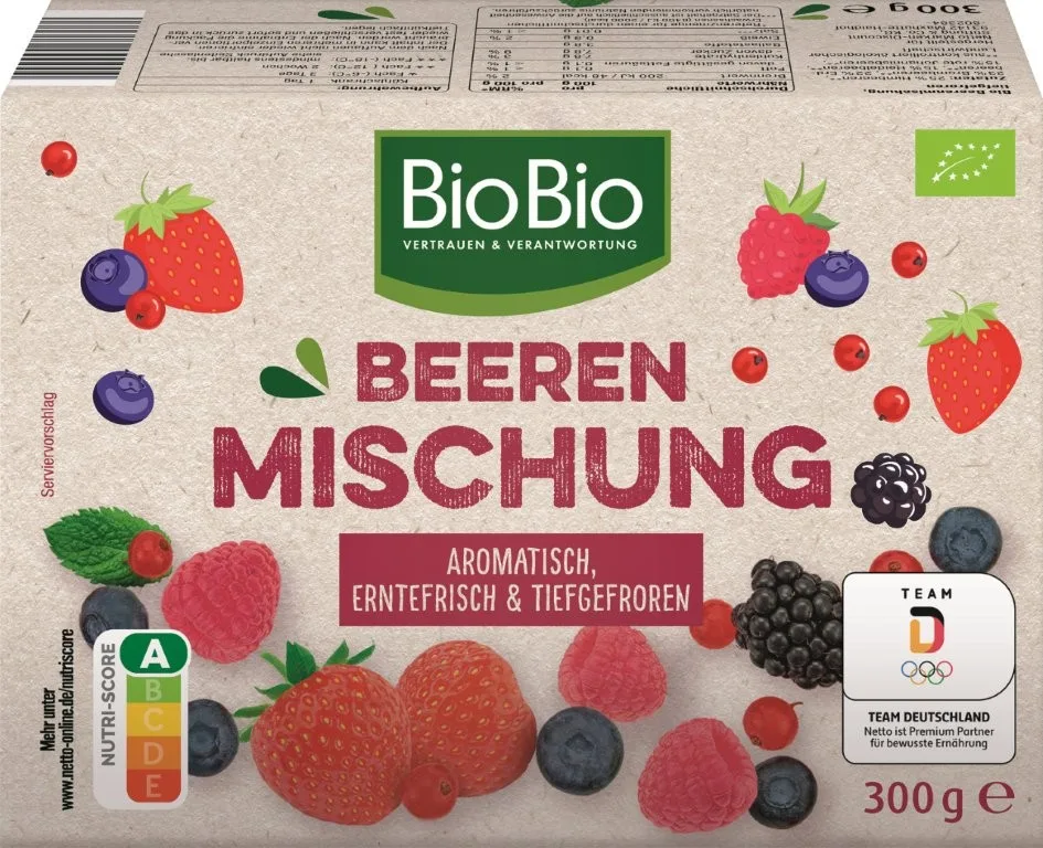 Netto: Bio Beerenmischung „BioBio“, tiefgefroren, 300 Gramm ALDI Süd und ALDI Nord: Bio Beerenmischung „Bio”, tiefgefroren, 300 Gramm