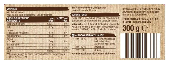 EDEKA Bio Wildheidelbeeren tiefgefroren, 300 Gramm
